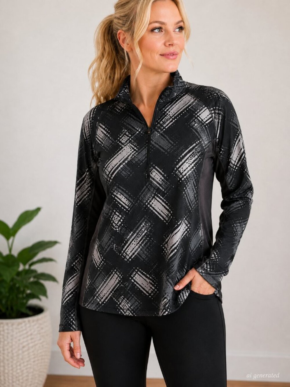 Athleta Black Gray Printed Performance Pullover Womens M Partial Zip Thumbholes